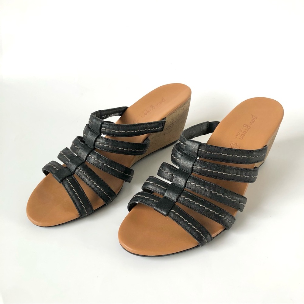 Paul Green Black Leather Strappy Wedge Mule Sandals Size 10 US (NWOB)